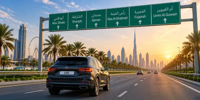A car on a UAE highway with signs for Abu Dhabi, Sharjah, Ajman, Ras Al Khaimah, Fujairah and Umm Al Quwain